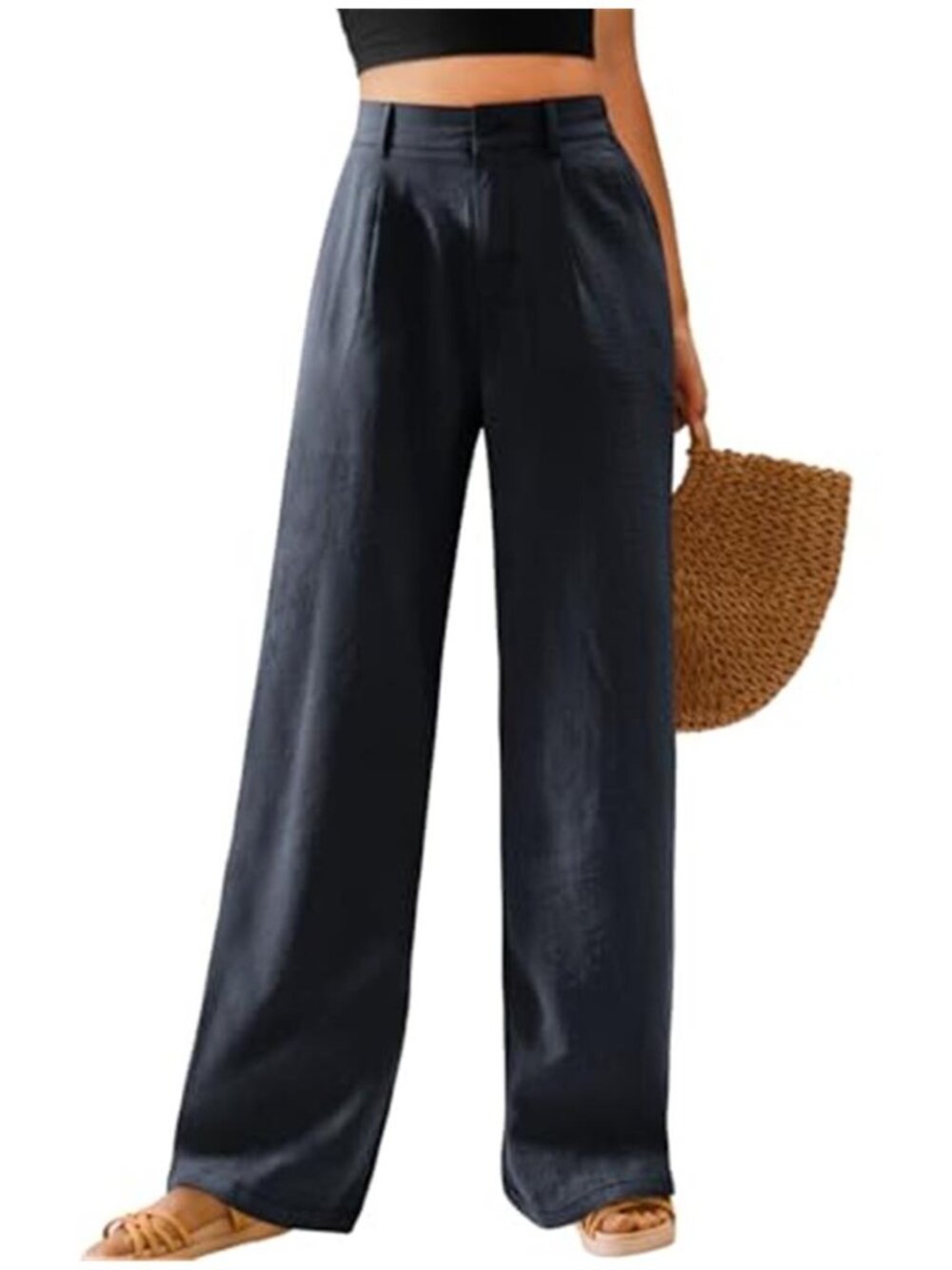 Navy Blue High Waist Wide Leg Palazzo Pants Flowy Casual Loose Trousers